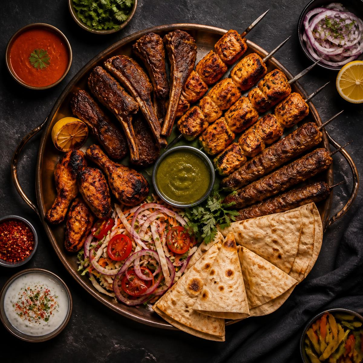 Large sharing platter with grilled meats, chapati and sides